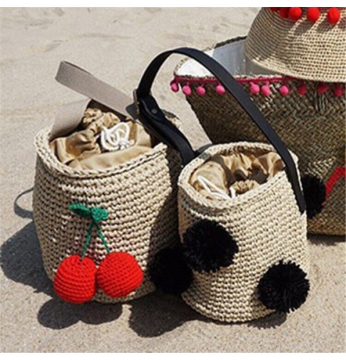 Pom Pom Straw Beach Bag