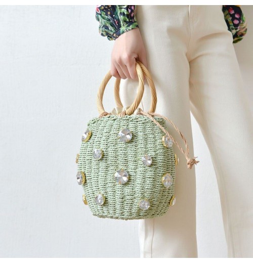 Circle Handle Straw Bucket Bag