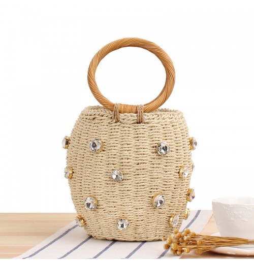 Circle Handle Straw Bucket Bag