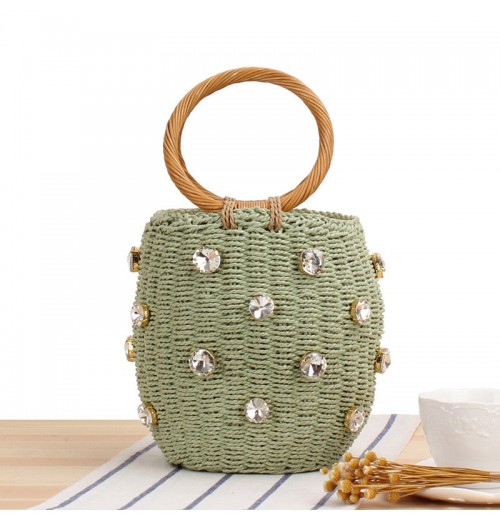 Circle Handle Straw Bucket Bag