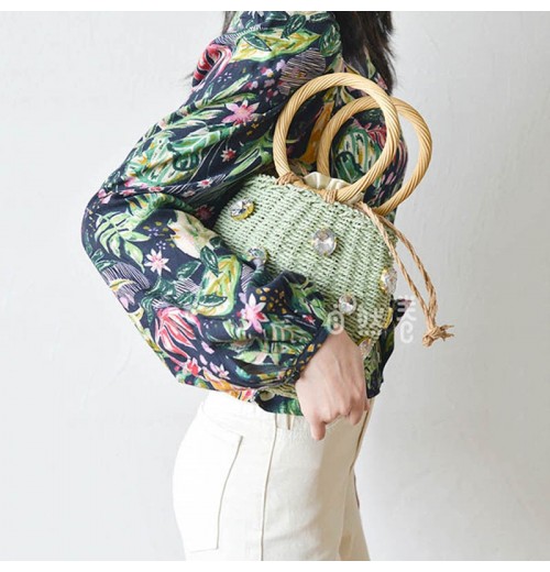 Circle Handle Straw Bucket Bag