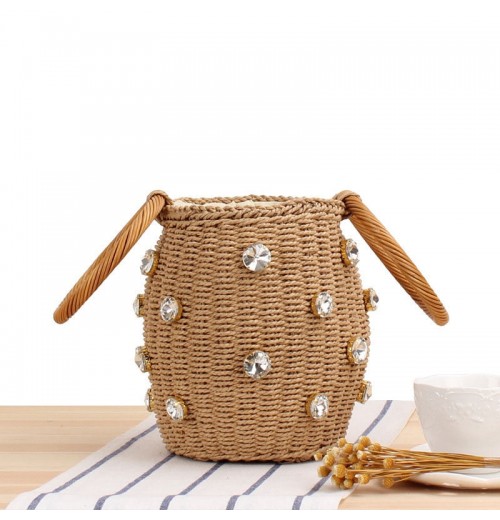 Circle Handle Straw Bucket Bag