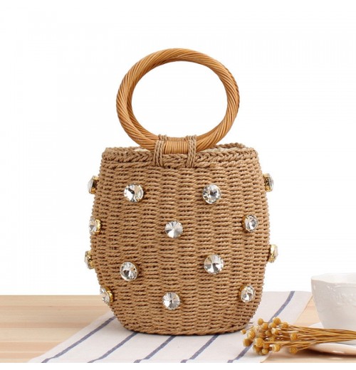 Circle Handle Straw Bucket Bag